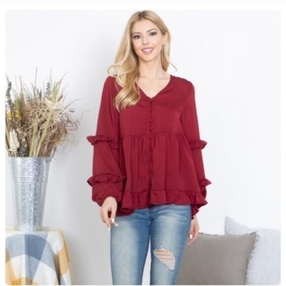 Womens Burgundy Ruffle Hem Button-Down Long Sleeve Peplum Blouse Top-SIZE:MEDIUM - Picture 3 of 7